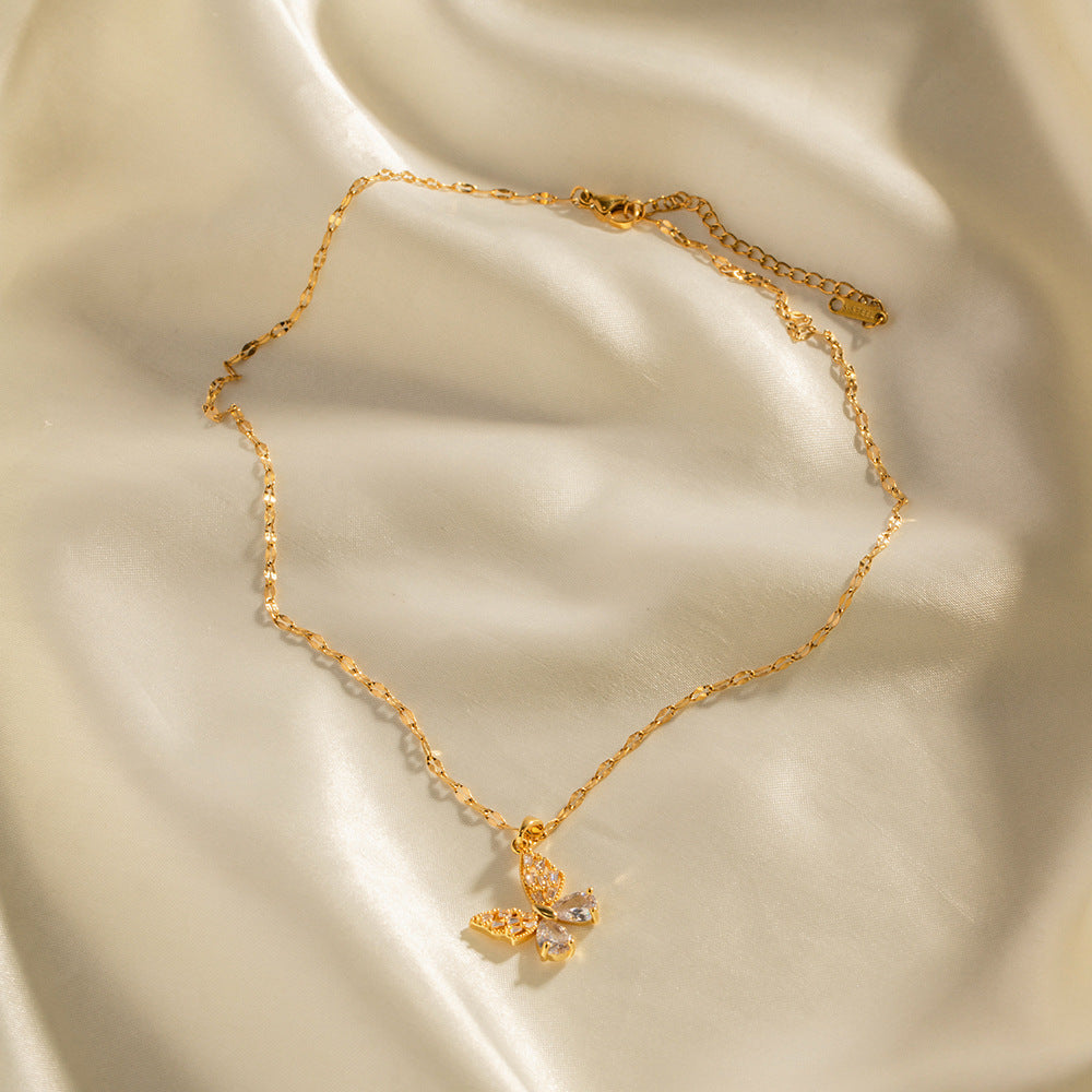 18K Gold Plated Stainless Steel Butterfly Pendant Necklace with White Zircon Geometric Design for Women