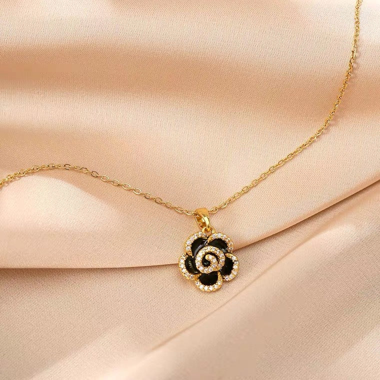 Elegant Camellia-Shaped Pendant Necklace in Titanium Steel with Gold Plating and Zircon Accents for Women