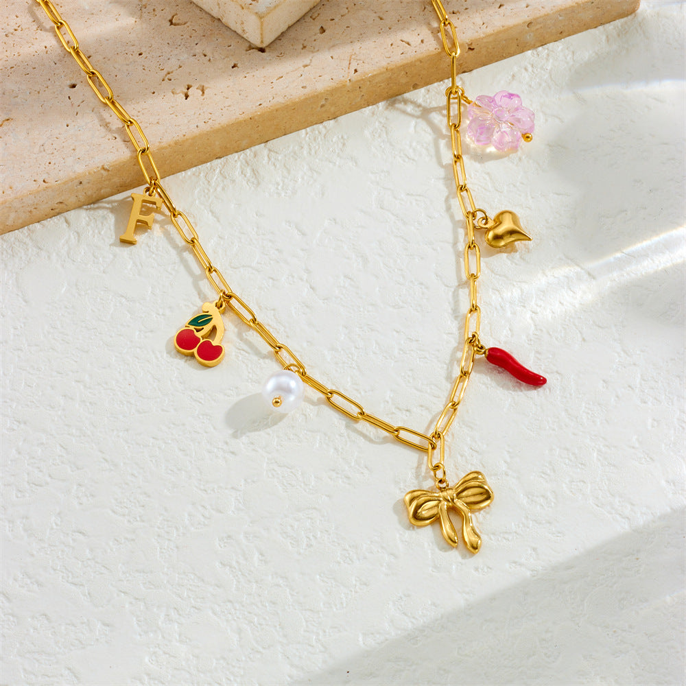 Vintage Elegant Heart Bow Cross Floral Stainless Steel Plated Necklace for Women