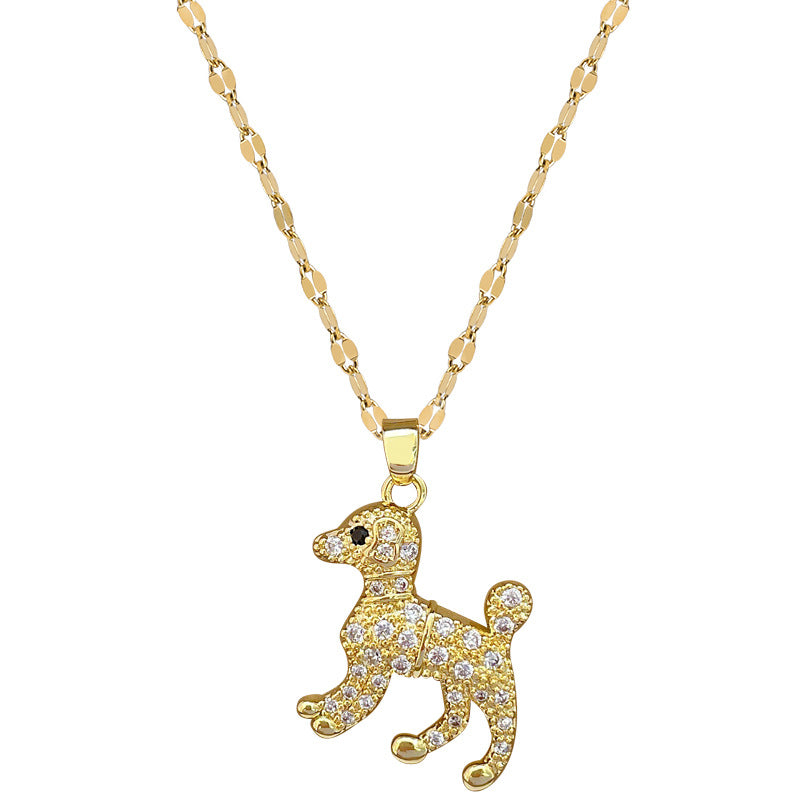 Collar con colgante minimalista con forma de perro de acero titanio con incrustaciones de diamantes de imitación para mujer y hombre