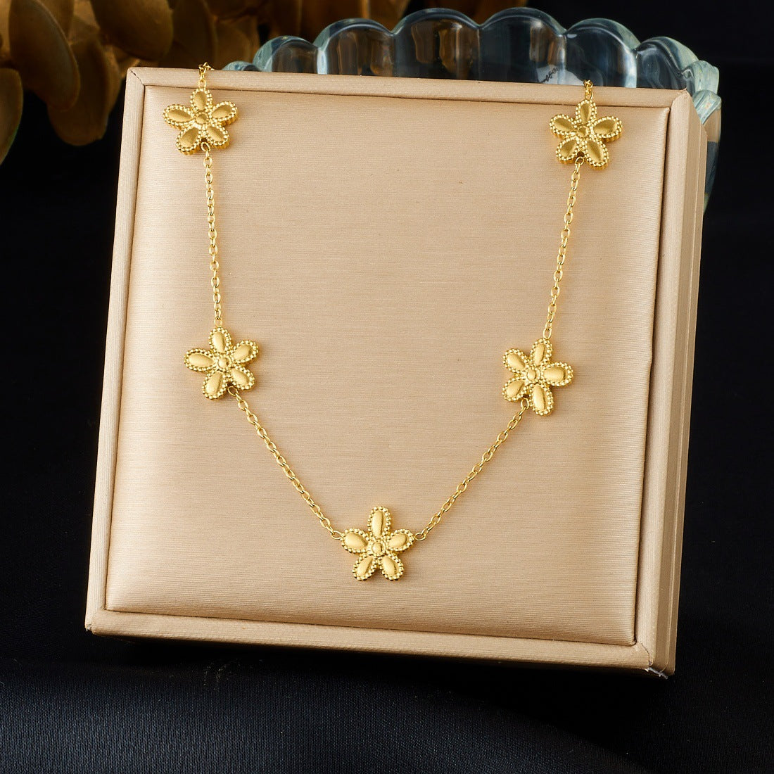 Minimalist Sweet Gold Plated Stainless Steel Floral Pendant Necklace and Earring Set for Women