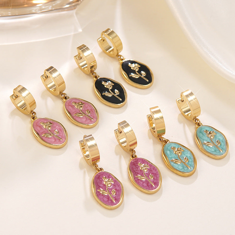 Vintage Floral Drip Oil Stainless Steel Rose Earrings for Women