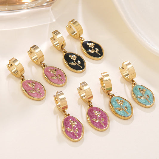 Pendientes de rosa de acero inoxidable con diseño floral vintage y goteo de aceite para mujer