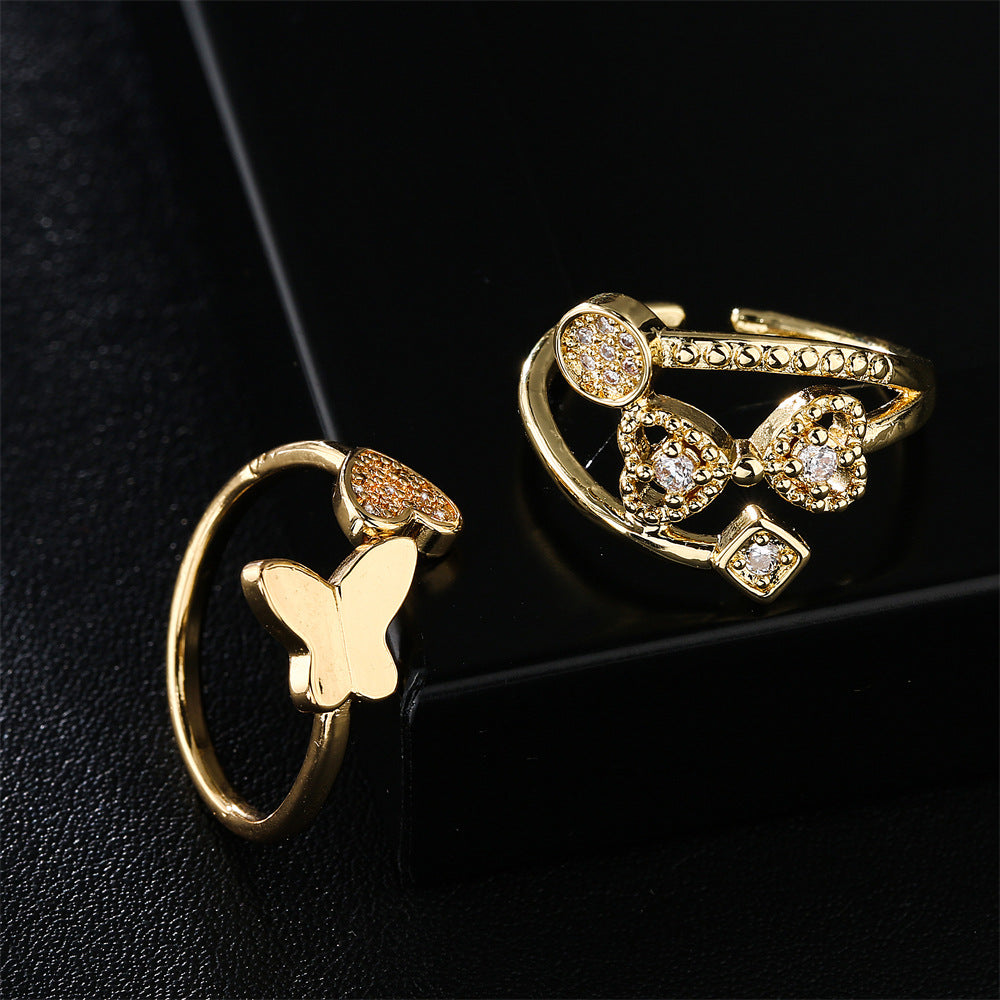 Minimalist Geometric Brass Ring with 18K Gold Plating and Cubic Zirconia Inlay for Women