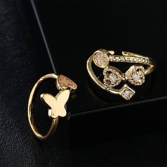 Minimalist Geometric Brass Ring with 18K Gold Plating and Cubic Zirconia Inlay for Women
