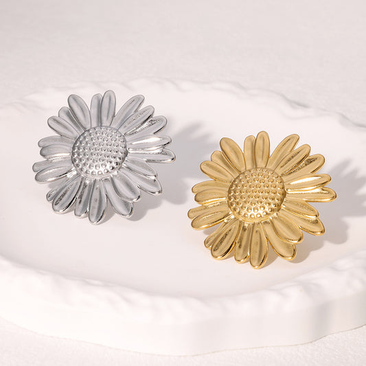 Anillo de acero inoxidable con forma de girasol minimalista y baño de oro de 18 quilates para mujer