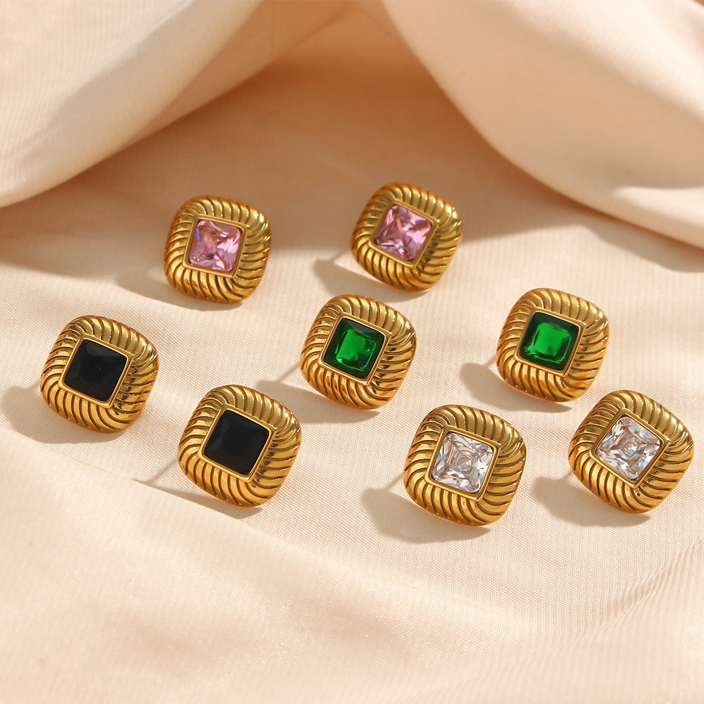 Pendientes de rombo geométricos de acero inoxidable de moda con baño de oro de 18 quilates e incrustaciones de circonitas para mujer