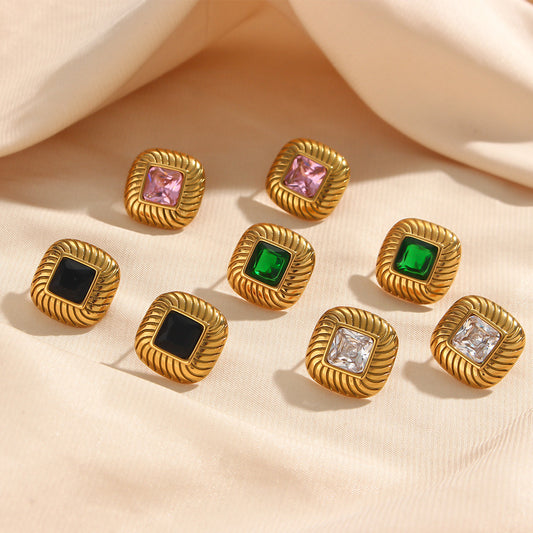 Pendientes de rombo geométricos de acero inoxidable de moda con baño de oro de 18 quilates e incrustaciones de circonitas para mujer
