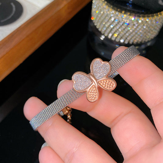 Sweet Butterfly Micro-Set Cubic Zirconia Woven Rope Chain Titanium Steel Bracelet