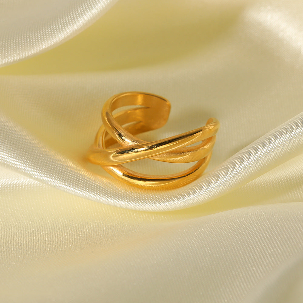 Vintage Geometric Open-Ended Stainless Steel Ring with 18K Vacuum Gold Plating for Unisex Wear