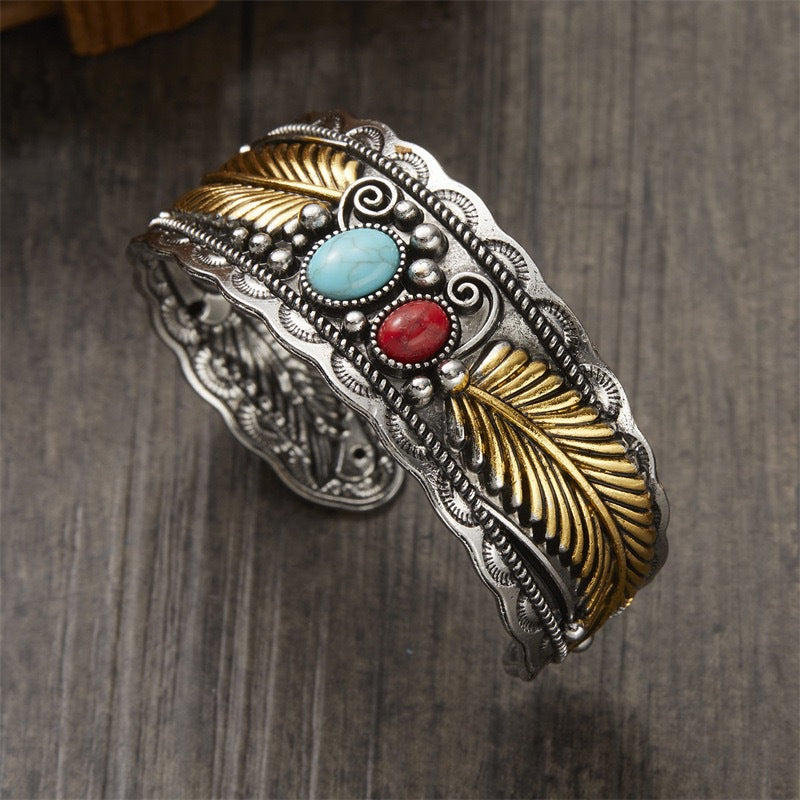 Bracciale vintage da donna con intarsi in turchese a forma di foglia, in lega placcata, stile etnico