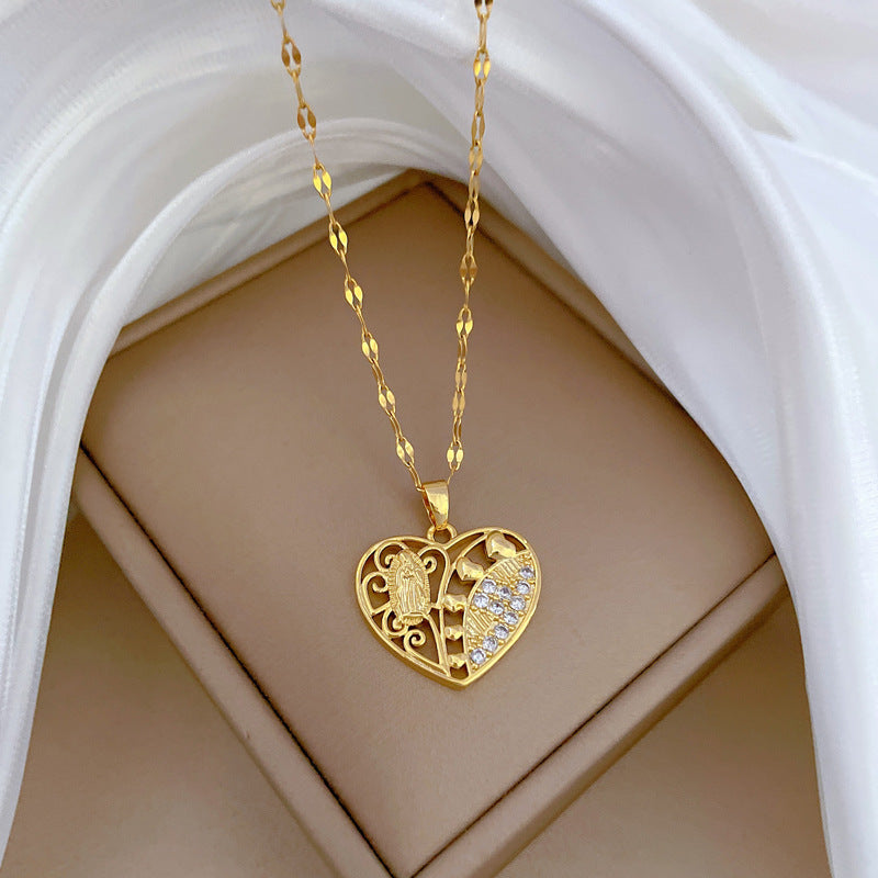 Collana Minimalista in Acciaio Inox a Forma di Cuore Vuoto con Intarsi di Strass per Donne e Uomini, Delicata Catena per Clavicole