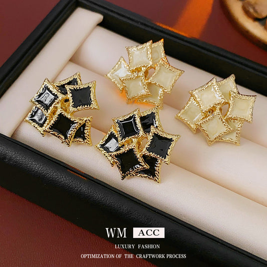 Vintage French-Style Geometric Square Enamel Earrings with Stainless Steel Posts for Women