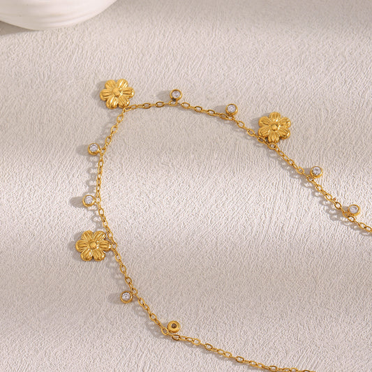 Minimalist Floral Pendant Necklace in Stainless Steel with 18K Gold Plating and Zircon Accents on O-Chain for Women