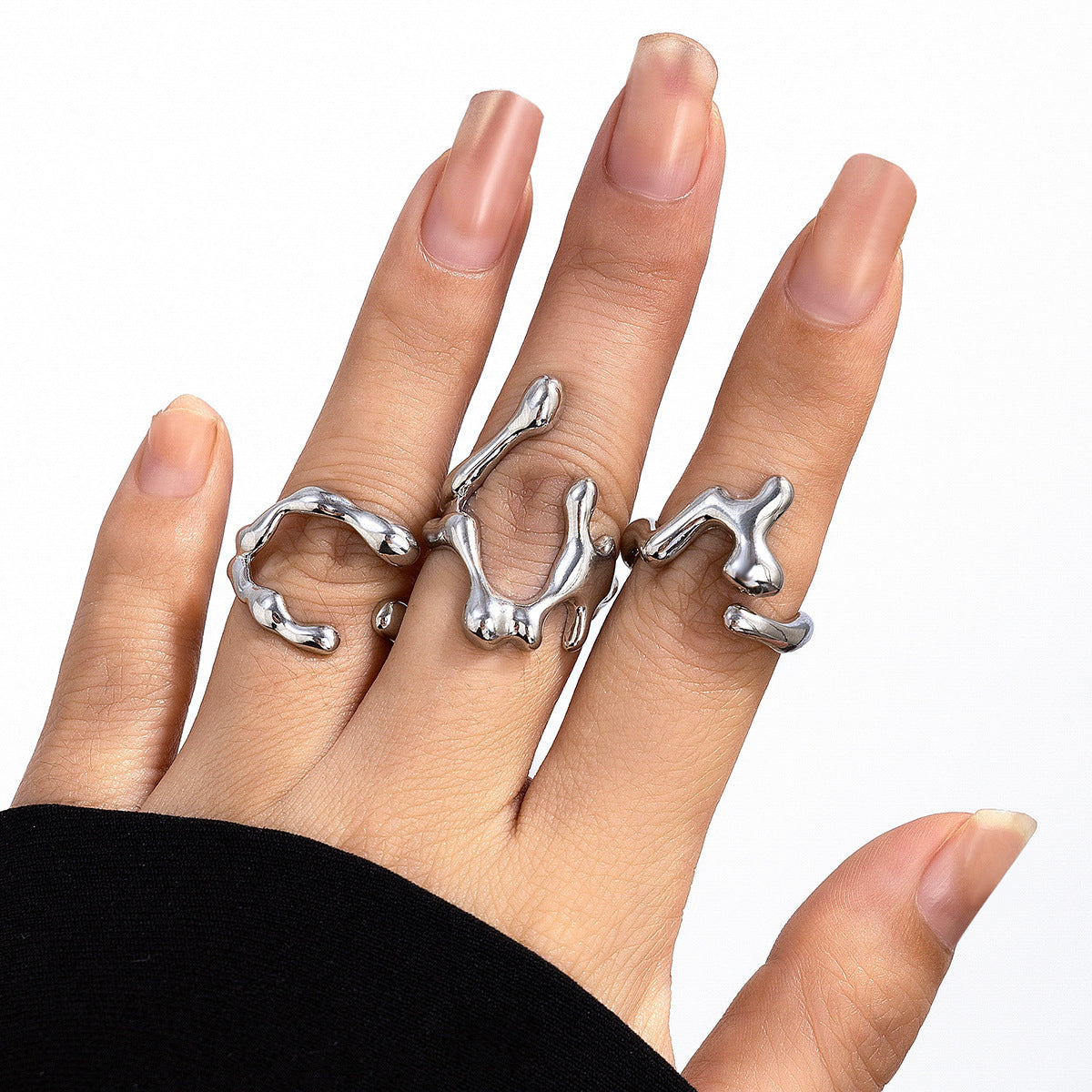 Minimalist Geometric Hollow Liquid-Design Alloy Ring Set with Polished Finish for Women