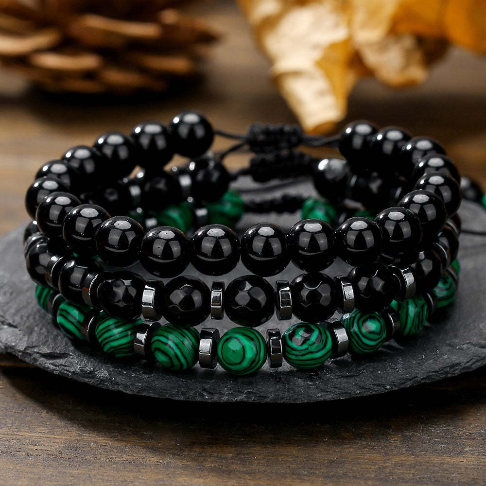Bohemian Style Black Obsidian Green Peacock Stone Hand-Strung Bracelet with Geometric Round Beads for Beach and Surf