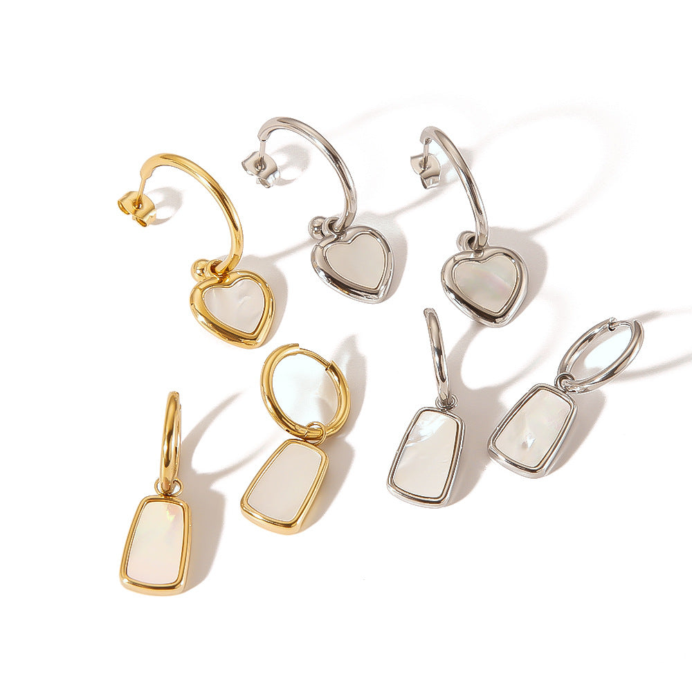 Minimalist Geometric Heart-Shaped Natural White Abalone Pendant Earrings in Stainless Steel with 18K Vacuum Plating