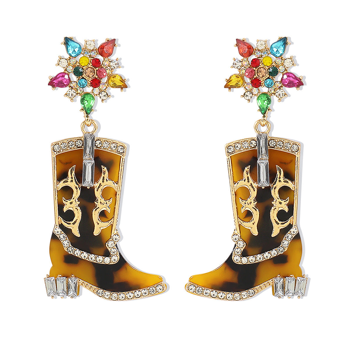 Pendientes de aleación con forma de bota vaquera, dulces y atrevidos, con incrustaciones de diamantes de imitación y acabado esmaltado para mujer