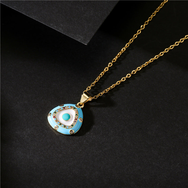Elegant Geometric Drip Oil Brass Micro-Inlaid Cubic Zirconia Evil Eye Pendant Necklace for Women with Cable Chain