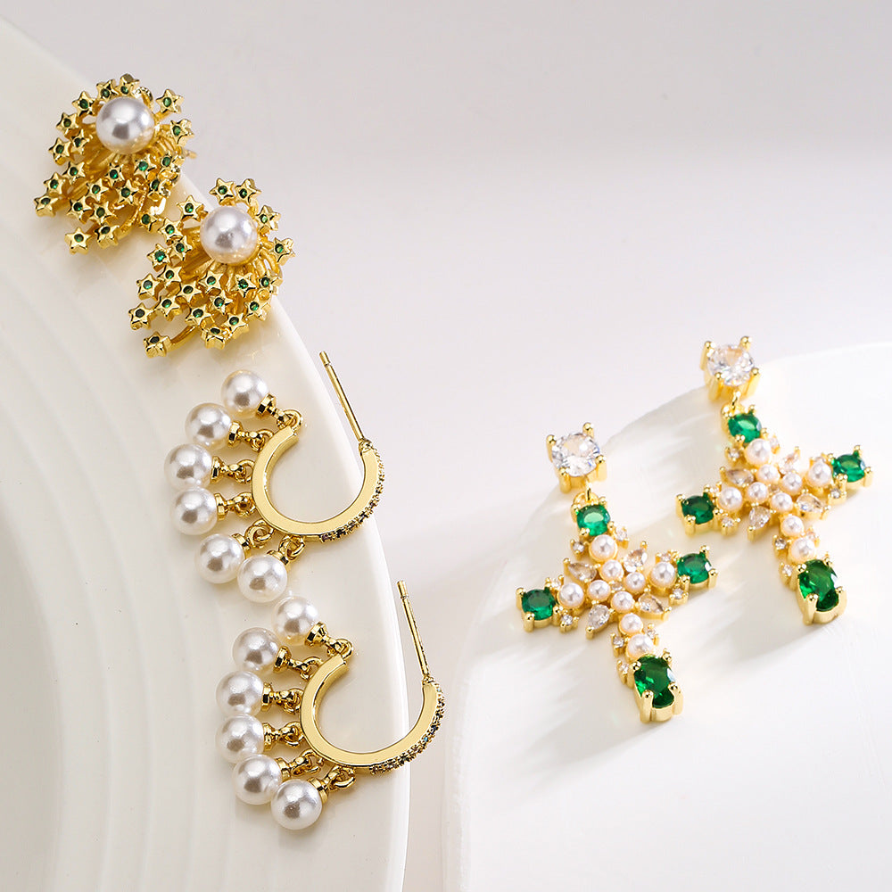 Geometric Copper Earrings with 18K Gold Plating, Zircon Inlay, and Pearl Accents — Minimalist Luxury Fashion Ear Jewelry