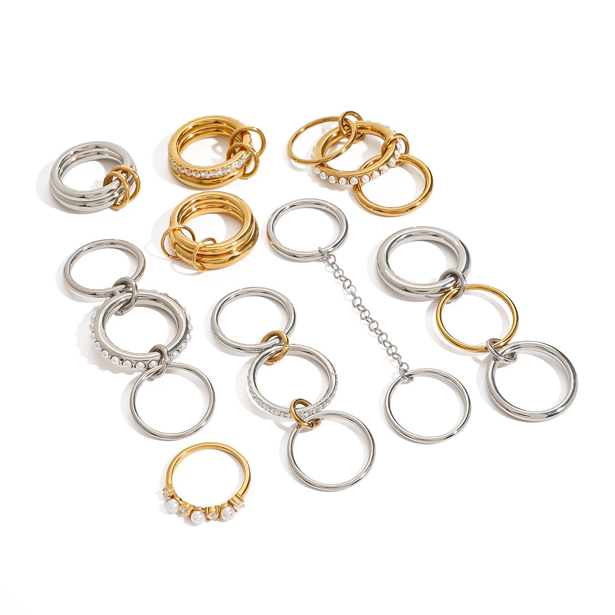 Anillo minimalista geométrico de titanio y acero con detalles de perlas, anillo de moda hipoalergénico de acero inoxidable para mujer