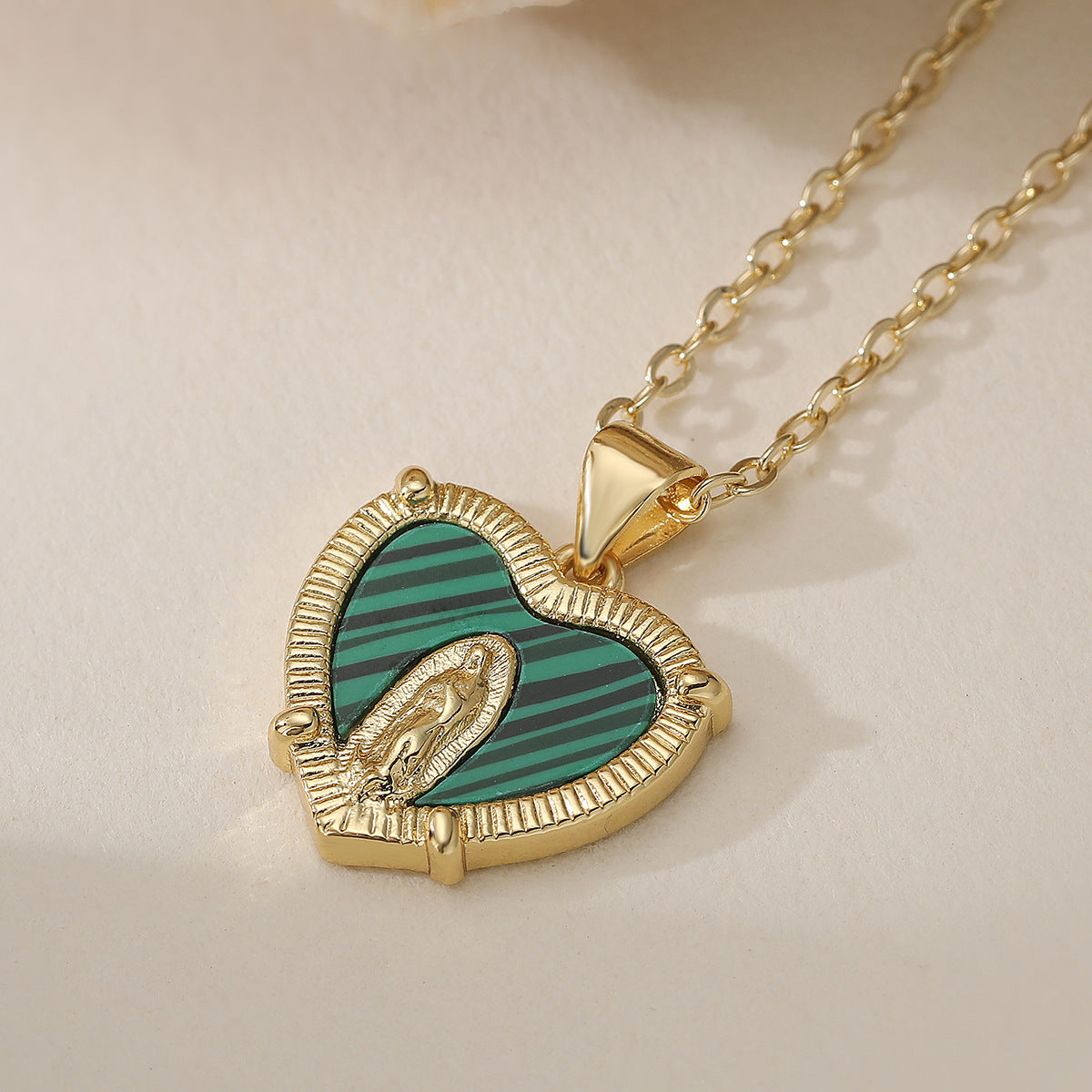 Minimalist Gold Plated Brass Heart Virgin Mary Pendant Necklace for Women