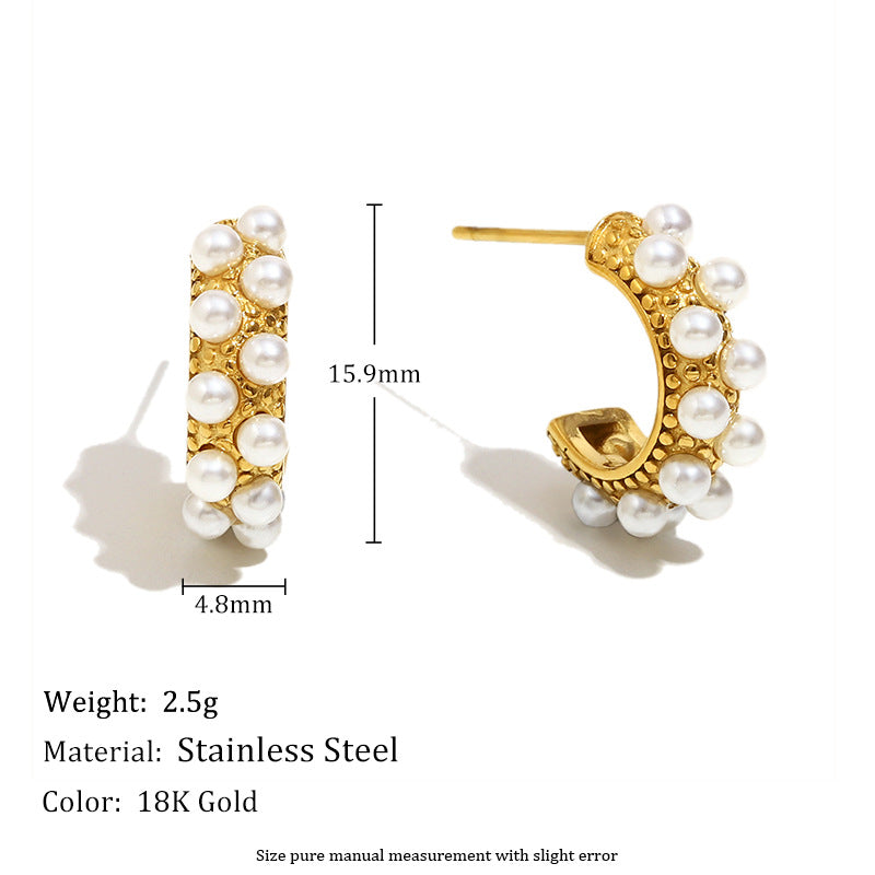 Minimalist Geometric C-Shaped Stainless Steel Earrings with 18K Gold Plating and Simulated Pearl Accents