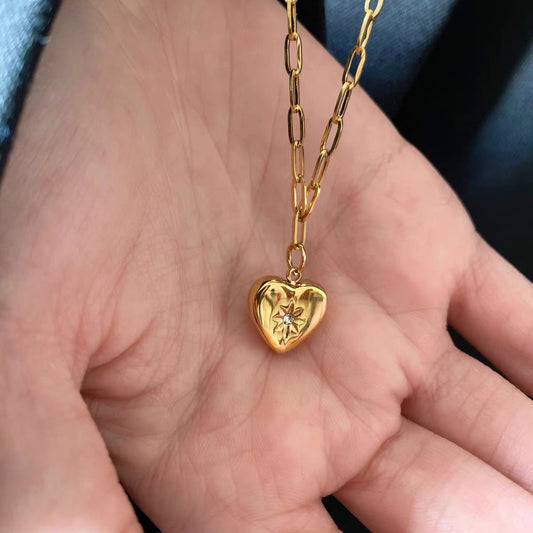 Vintage Minimalist Eight-Pointed Star Heart Titanium Steel Plated Necklace for Unisex