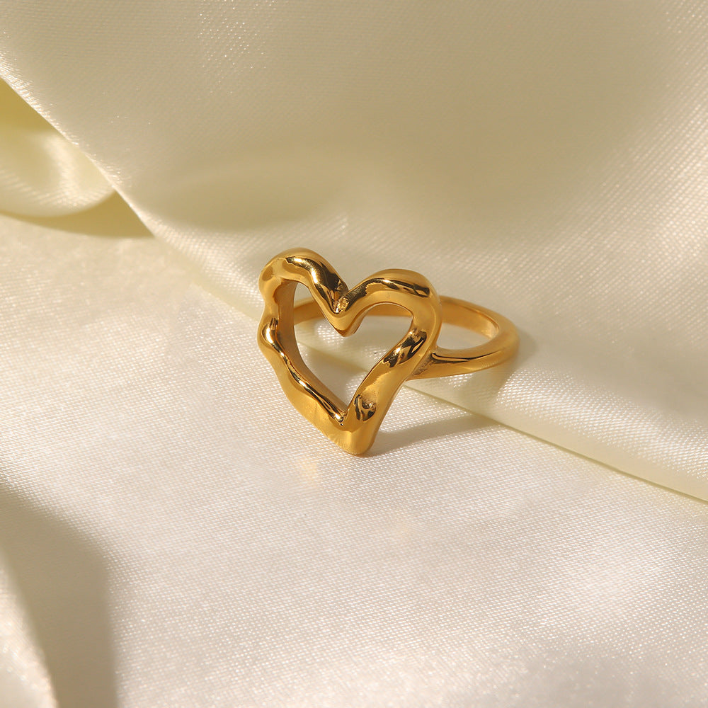 Minimalist Heart-Shaped Titanium Steel Ring with Gold Plating for Women, Hypoallergenic Hammered Texture Design