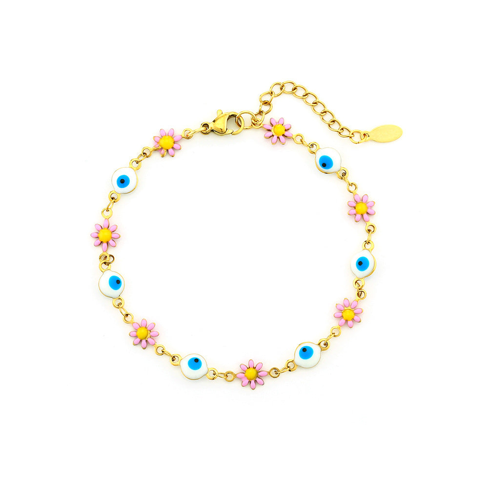 Elegante cavigliera geometrica in acciaio inossidabile da donna con motivo a petalo e occhio, accessorio di moda di lusso minimalista
