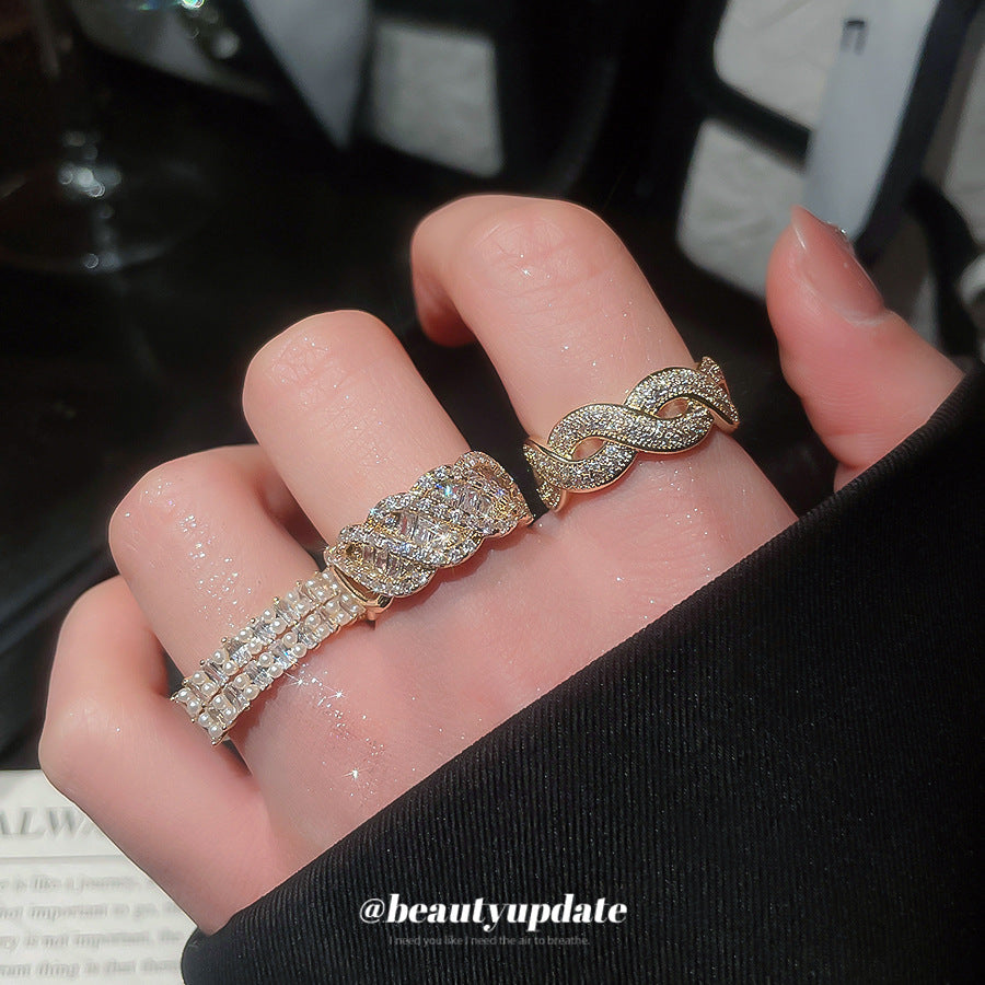 Anillo Abierto Minimalista de Lujo con Perla Redonda Geométrica y Circonita para Mujer en Cobre