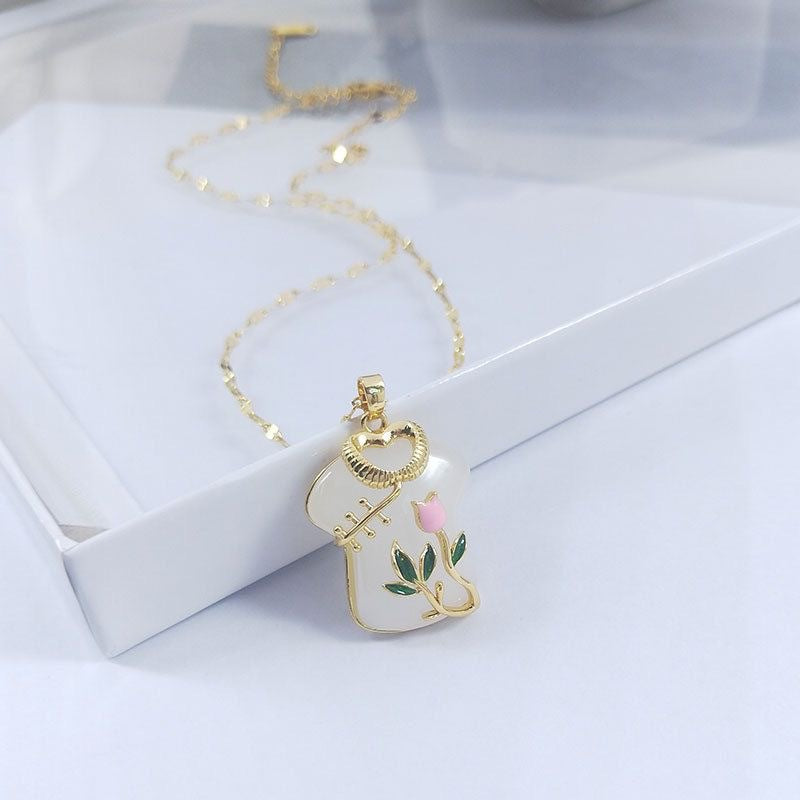 Minimalist Tulip-Shaped Titanium Steel Pendant Necklace with Gold-Plated Alloy Inlay for Women