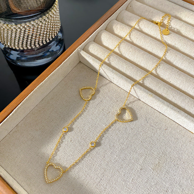 Minimalist Gold Plated Hollow Heart Rhinestone Titanium Steel Necklace for Unisex