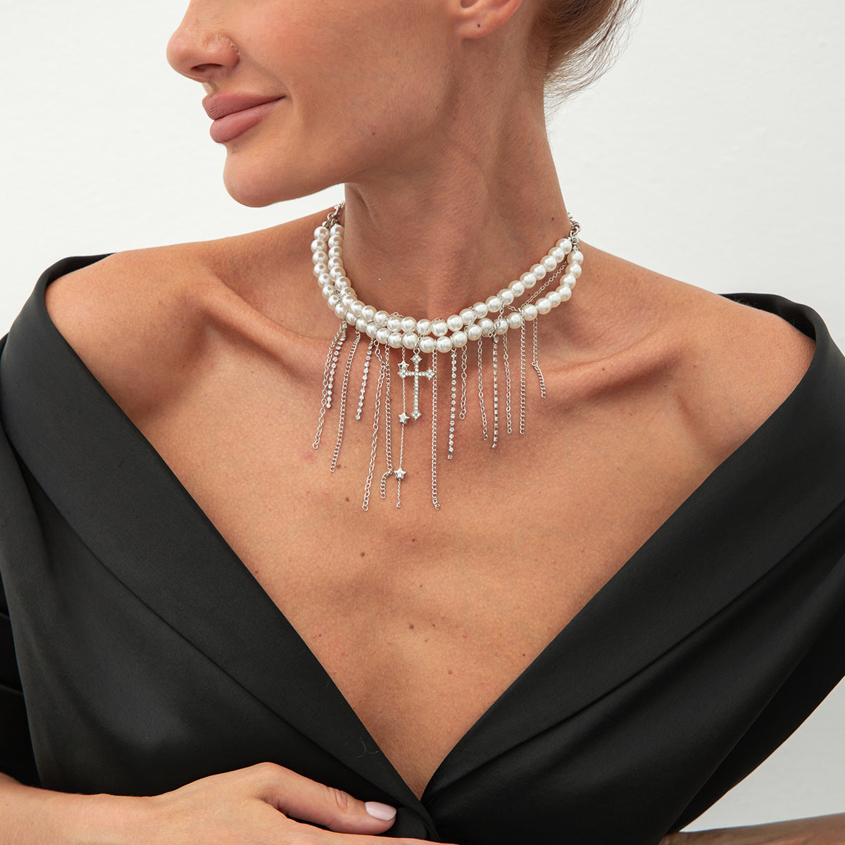 Minimalist Cross Pendant Clavicle Necklace for Women with Imitation Pearl Accents and Crystal Tassels on Electroplated Alloy Chain