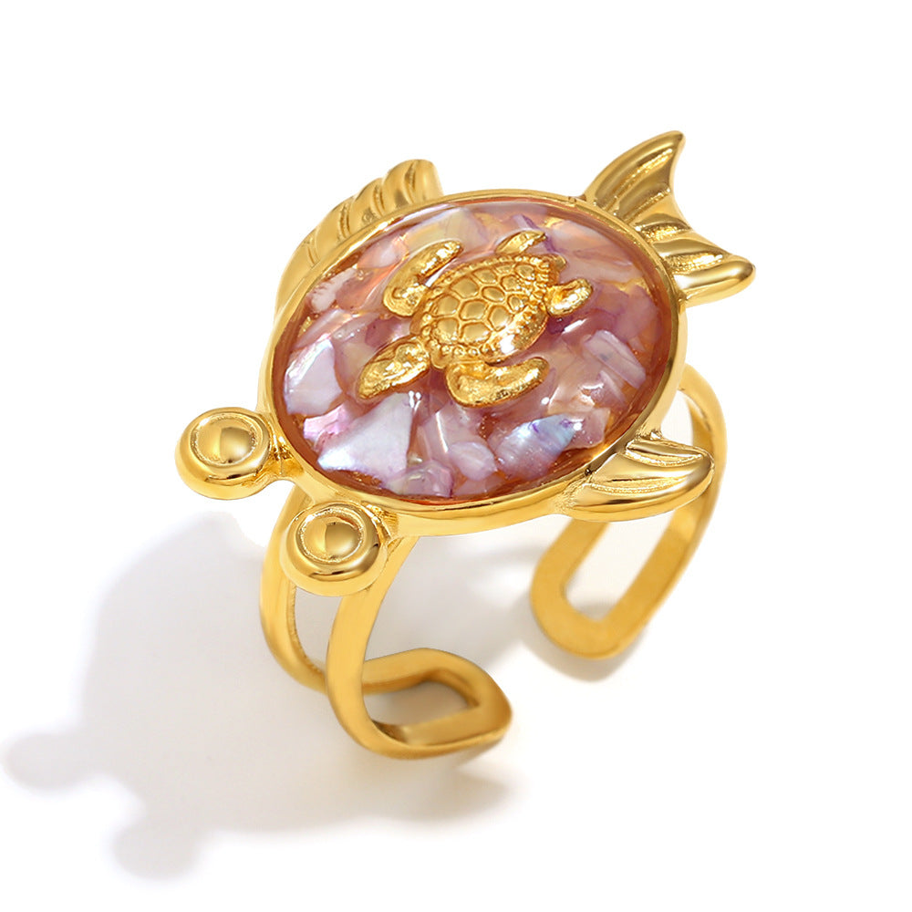 Fashion Geometric Stainless Steel Ring with 18K Gold Plating Featuring Crossed Lines Fishbone Floral Crab and Turtle Motifs