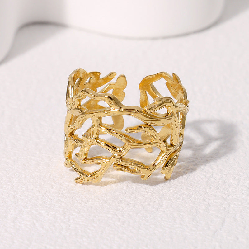 Irregular Hollow Wide Band Stainless Steel Ring for Women with Minimalist Cold-Tone Aesthetic and Open-Style Design