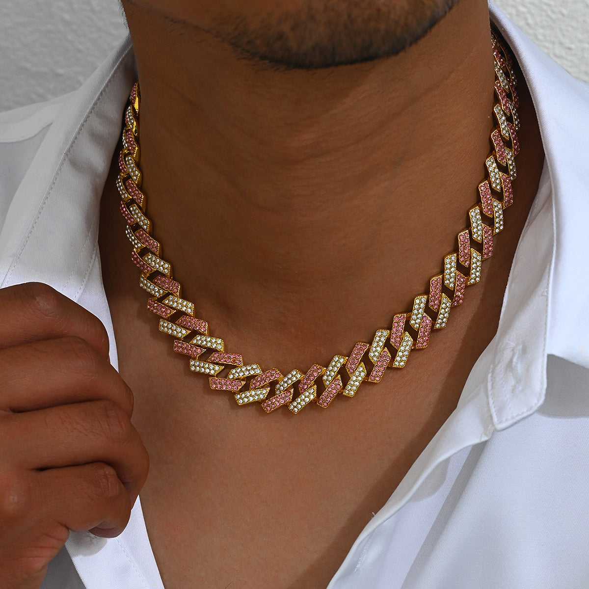 Collana Cubana Geometrica Stile Hip Hop da Uomo con Intarsio di Strass in Lega di Zinco
