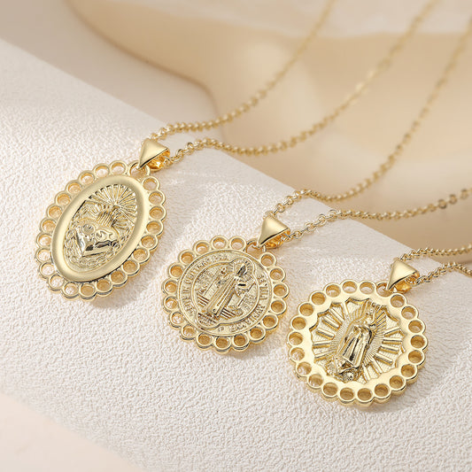Vintage Minimalist Geometric 18K Gold Plated Brass Virgin Mary Pendant Necklace for Women