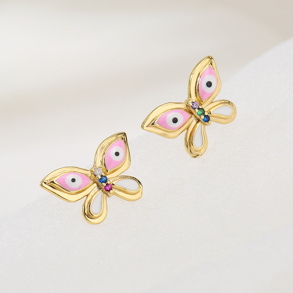 Orecchini a perno a forma di farfalla, moderni e minimalistici, da donna, realizzati in rame con placcatura in oro 18 carati e finitura smaltata con intarsio in zirconi cubici