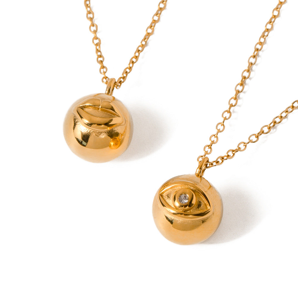 Ins Style Geometric Evil Eye Round Ball Pendant Necklace in Titanium Steel with 18K Gold Plated Stainless Steel Beaded Chain for Women