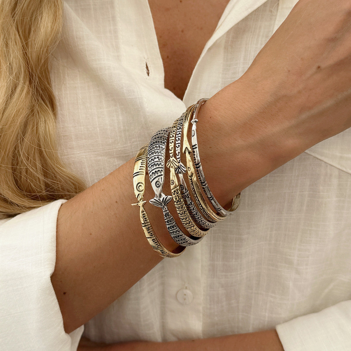 Vintage Streetwear Geometric Fish Pattern Plated Alloy Bracelet Set