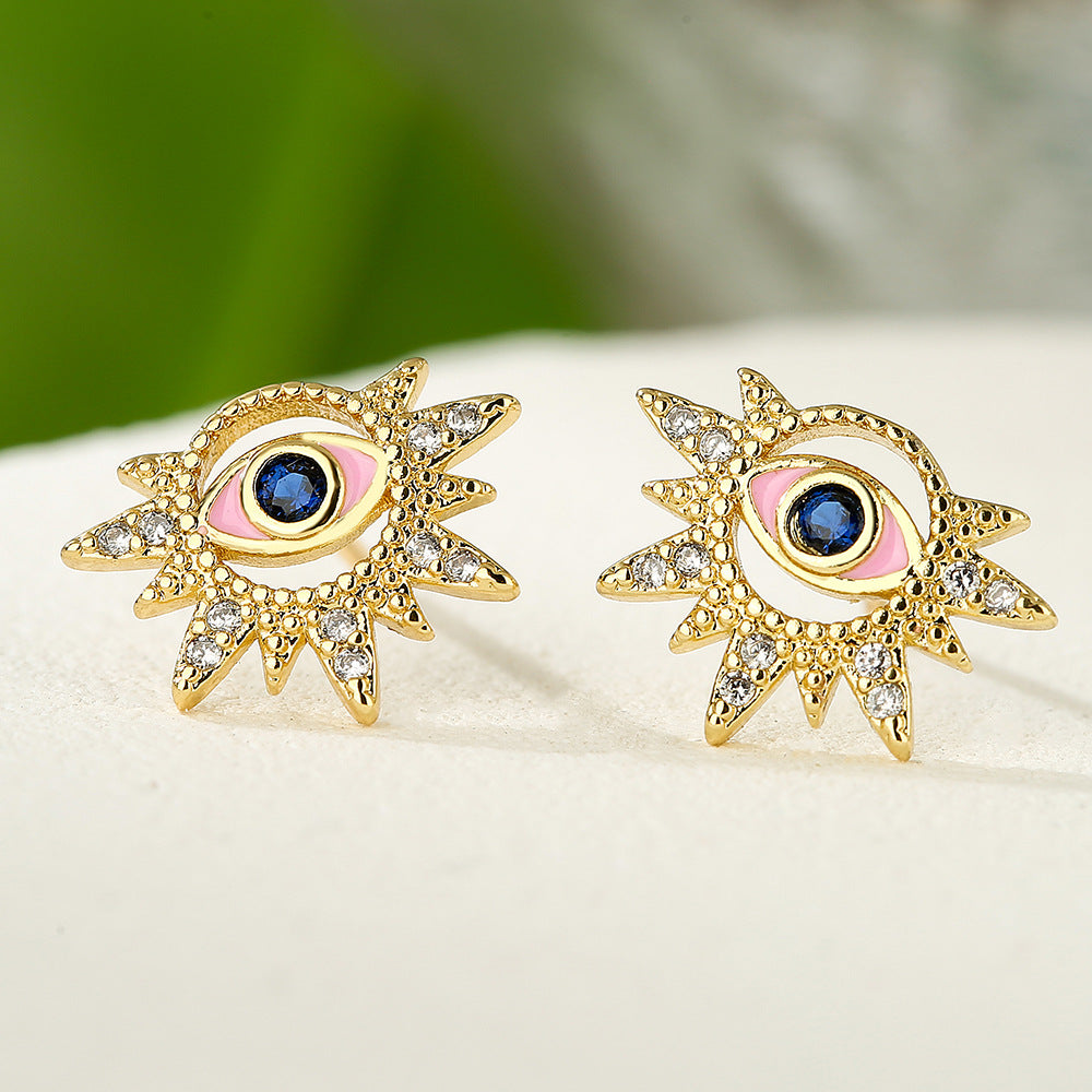 Geometric Demon Eye Earrings for Women with Copper Base Plated in 18K Gold and Enamel Finish, Micro-Paved Zirconia