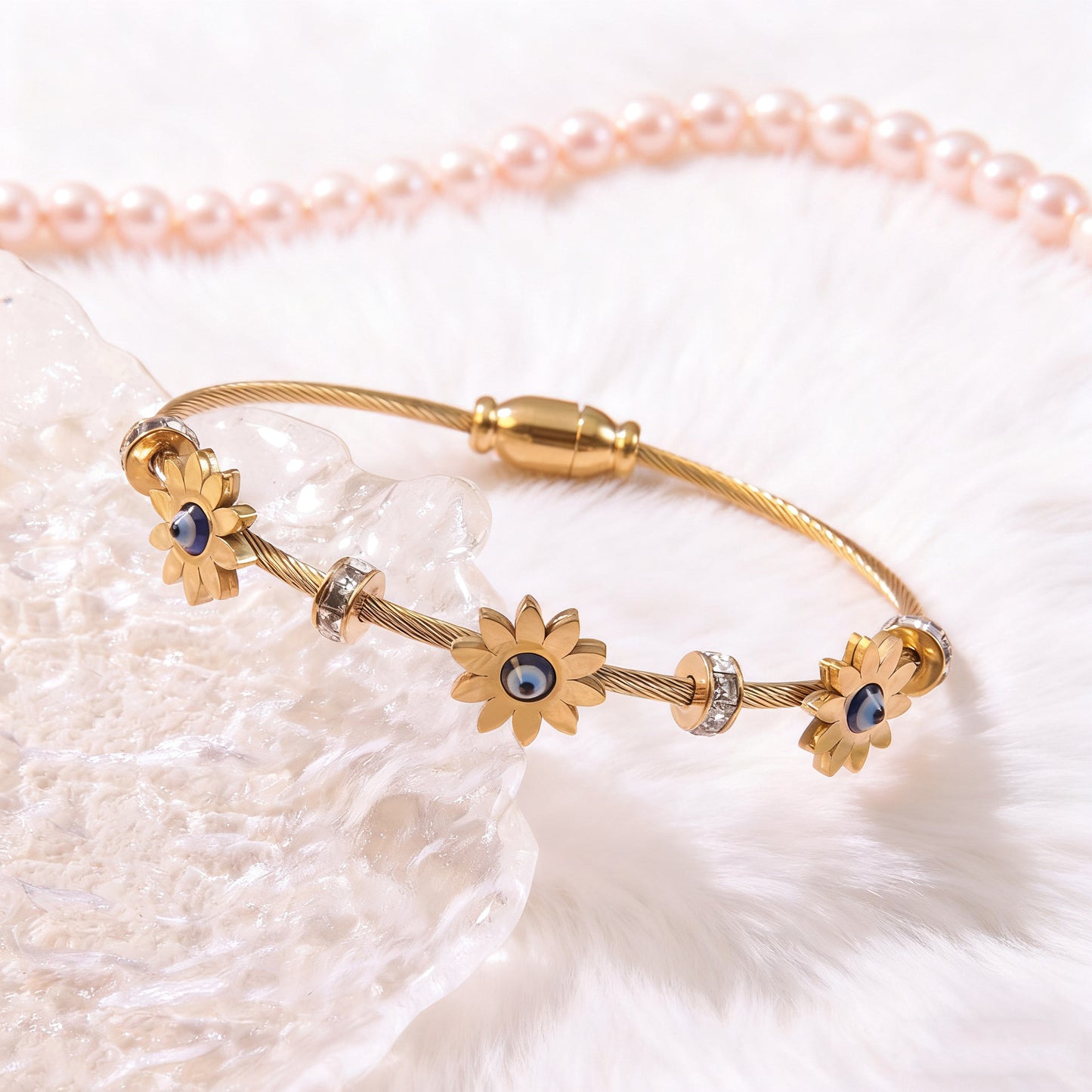 Casual Round Geometric Plated Stainless Steel Bracelet with Evil Eye and Sunflower Design