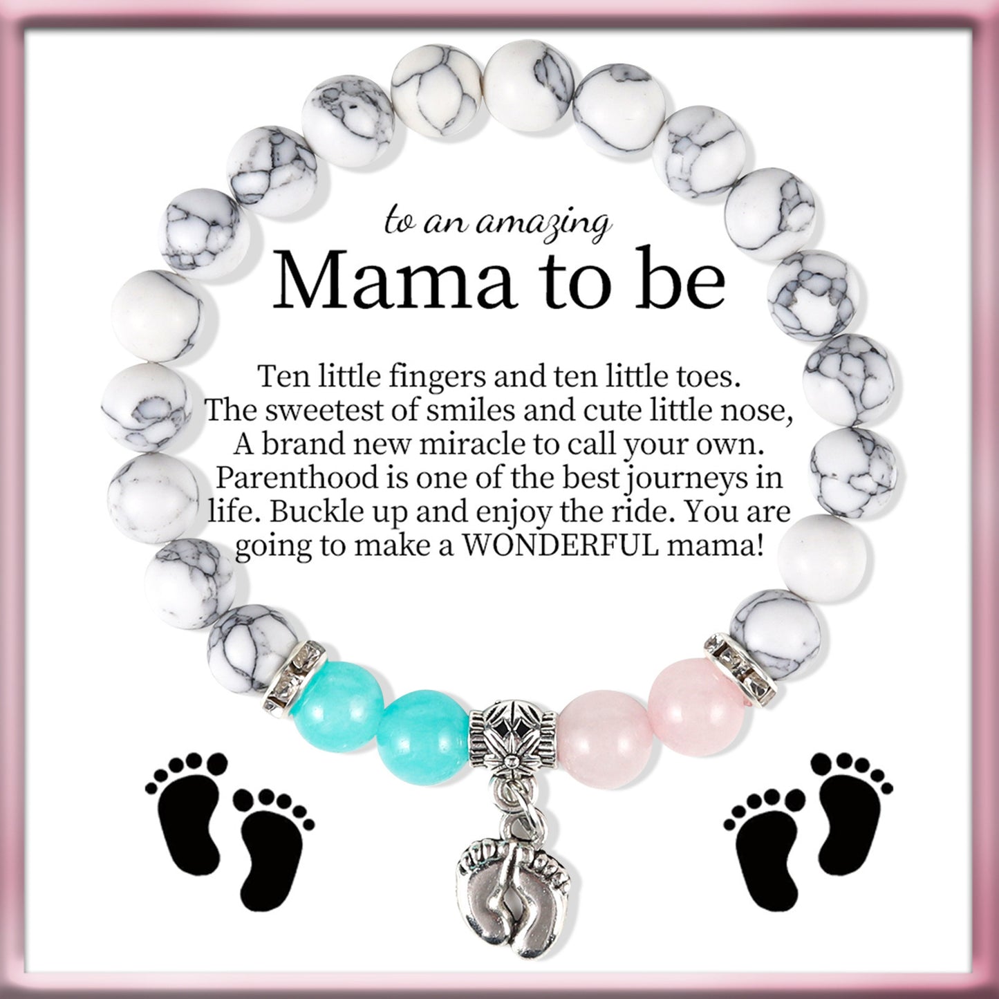 8mm Turquoise Beaded Bracelet with Footprint Pendant and Pearl Accents Unisex Geometric Bracelet