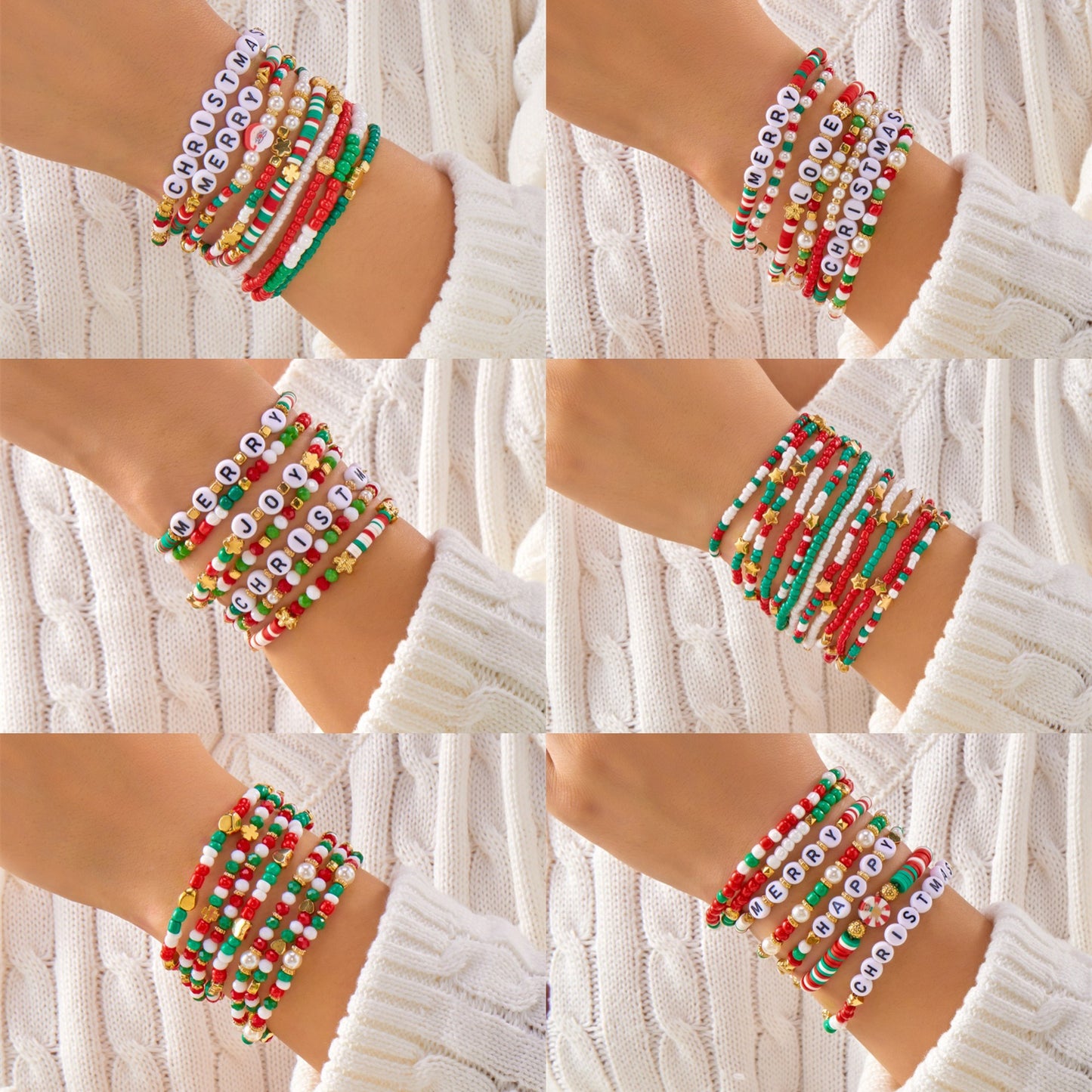 Handmade Christmas Style Beaded Bracelet Set with Alphabet Charms and Polymer Clay Beads in Alloy for Unisex Wear