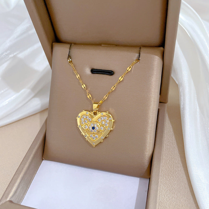 Collana girocollo a cuore minimalista in acciaio al titanio da donna con strass intarsiati, catena sottile per clavicola