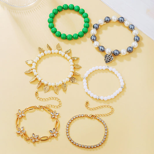 Bohemian Ethnic Floral Alloy Bracelet Set with Pearl Beads