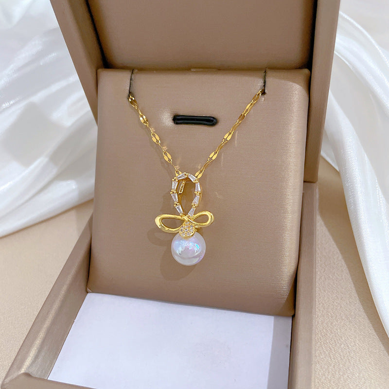 Luxury Mermaid-Inspired Butterfly Bow Pendant Necklace for Women Stainless Steel Delicate Collarbone Chain with Rhinestone Inlay