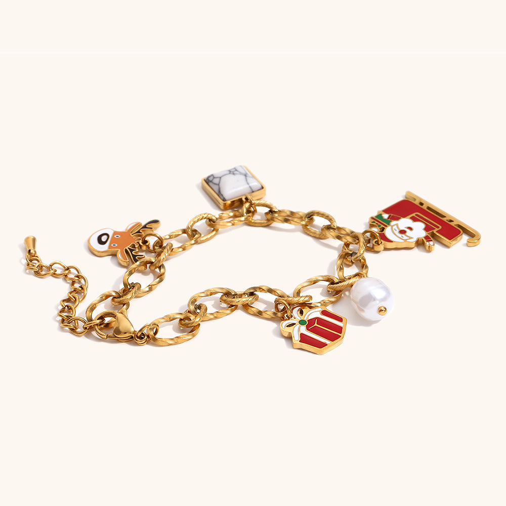 Pulsera de moda con colgante de Papá Noel para mujer, de acero inoxidable con chapado en oro de 18 quilates, diseño de eslabones hecha a mano