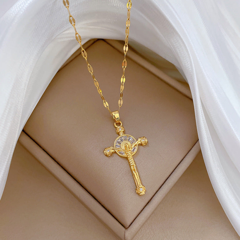 Collana Pendente a Croce di Lusso in Acciaio al Titanio con Intarsi di Strass per Donna e Uomo Catenina